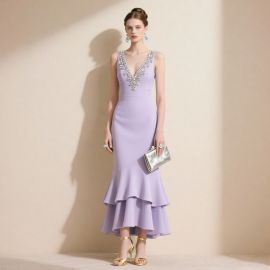 Lavender Mermaid Gown: Beaded V - Neck Layered Hem Formal Dress