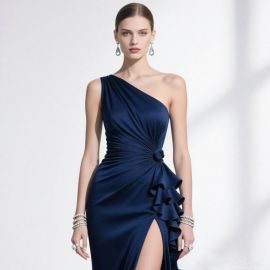 Elegant Navy Blue One - Shoulder Gown with Ruffled Detail & High Slit