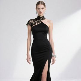 Elegant Black One - Shoulder Lace High Neck Evening Gown with Thigh Slit