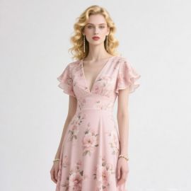 Elegant Pink Floral Print V-Neck Ruffled Sleeve Midi Dress - Summer Chic Style