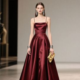 Elegant Burgundy Satin Spaghetti Strap A - Line Evening Gown - Formal Party Dress