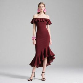 Burgundy Off - Shoulder Ruffled Asymmetric Hem Midi Dress