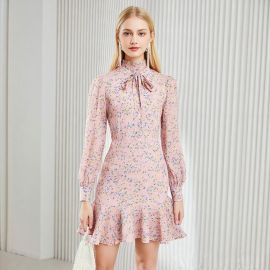 Chic Pink Floral High Neck Bow Tie Dress - Ruffled Hem Long Sleeve A-Line Mini