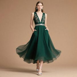 Emerald Green Embroidered Deep V-Neck Beaded Waist Flowy Midi Dress