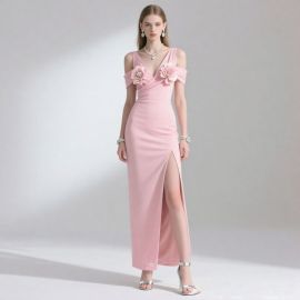 Pink Off - Shoulder Maxi Dress with Floral Embellishments & High Slit