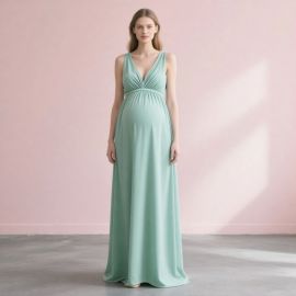 Mint Green Maternity V-Neck Long Maxi Dress - Elegant Comfort for Expecting Moms