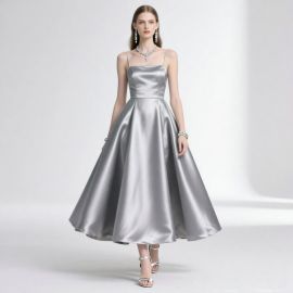 Elegant Silver Satin Spaghetti Strap Midi Dress for Formal Occasions
