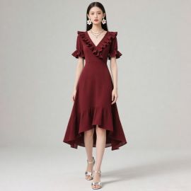 Burgundy V-Neck Ruffled High-Low Hem Midi Dress - Elegant Women's Fashion