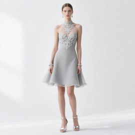 Elegant Gray Short Dress with Lace Embroidery Halter Neck - Evening Party Gown
