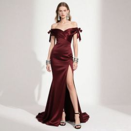Elegant Burgundy Off - Shoulder Satin Evening Gown with Bow & High Slit