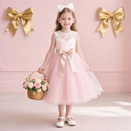 Charming Pink Lace Tulle Girl's Dress with Big Bow - Elegant Party Wear