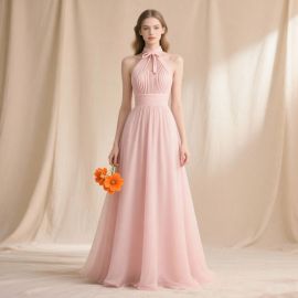 Elegant Pink Halter Neck Long Dress with Pleated Bodice - Formal Occasion Gown