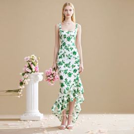 Elegant White Green Floral Print Spaghetti Strap High-Low Mermaid Dress