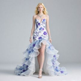 Strapless Floral Print High-Low Gown: Elegant Evening Dress with Ruffled Skirt