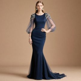 Navy Blue Mermaid Gown with Beaded Sleeves: Elegant Evening Dress for Formal Events