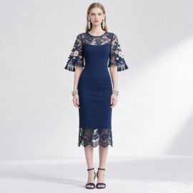 Navy Blue Midi Dress: Lace Patchwork, Embroidered Floral Sleeves & Tassel Detail for Elegant Women