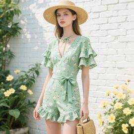 Mint Green Floral Ruffled Romper - Summer Boho Beach Style