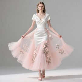 Elegant V-Neck Short-Sleeve Satin & Tulle Embroidered Gown - Floral Pink Skirt Wedding/Party Dress