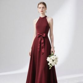 Burgundy Halter Neck Long Dress with Bow Belt - Elegant Formal Evening Gown
