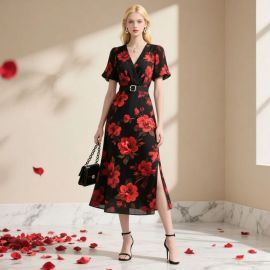 Elegant Black Red Floral Print Midi Dress V-Neck Short Sleeve Belted Split Hem Women's Fashion