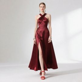 Elegant Burgundy Satin Cross-Neck High-Slit Maxi Dress