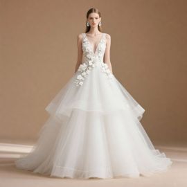 Stunning Deep V-Neck Bridal Gown with 3D Flower Embellishments & Layered Tulle Skirt