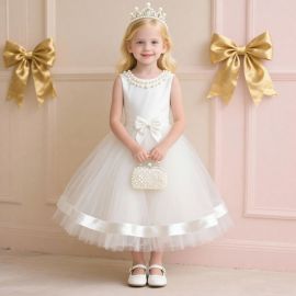 Kids White Tulle Flower Girl Dress - Pearl Collar & Bow Belt Design