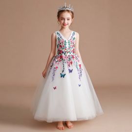 Kids White Tulle Flower Embroidered Princess Gown - V-Neck Sleeveless Dress with Butterflies for Weddings & Parties