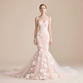 Elegant Pink Strapless Mermaid Wedding Dress with Floral Embroidery