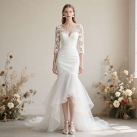 Lace-Sleeve Mermaid Wedding Dress with High-Low Hem - Elegant Bridal Gown