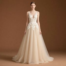 Elegant Deep V-Neck Lace Appliqué Tulle Wedding Dress - Timeless Bridal Gown