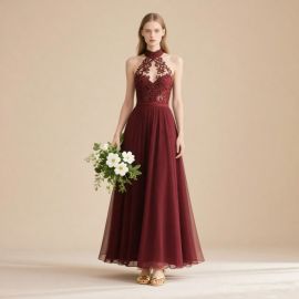 Elegant Burgundy High-Neck Lace Chiffon Maxi Dress for Formal Events