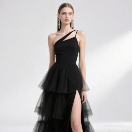Elegant Black One - Shoulder Tulle Gown with High Slit