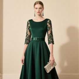 Emerald Green Lace Sleeves Belted Evening Dress - Elegant Formal Gown