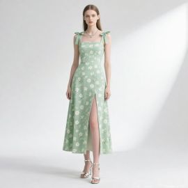 Green Floral Print Spaghetti Strap Midi Dress with Side Slit