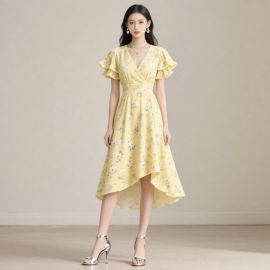 Yellow Floral Print Dress with Ruffled Sleeves & Asymmetrical Hem - Summer Chic