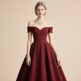 Elegant Burgundy Off - Shoulder A - Line Evening Gown for Weddings & Formal Events