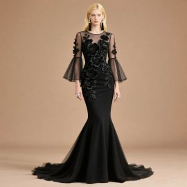 Elegant Black Mermaid Gown: Sheer Bell Sleeves & 3D Floral Embroidery Dress