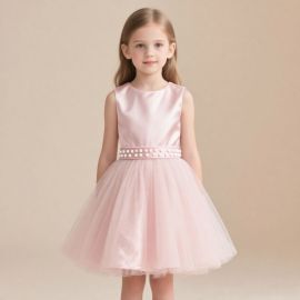 Elegant Pink Sleeveless Kids Dress with Tulle Skirt & Pearl Belt - Princess Style