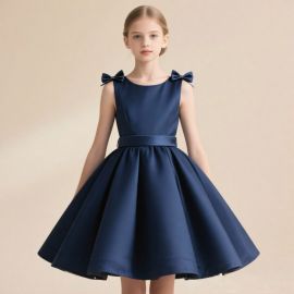 Elegant Navy Blue Sleeveless Dress with Bow Straps & Waist Belt for Girls