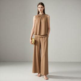 Chic Camel Sleeveless Top & Wide - Leg Pants Set: Elegant Layered Design Women's Outfit