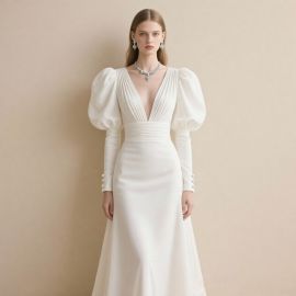 Elegant White Long Sleeve Deep V-Neck Evening Gown with Puff Sleeves