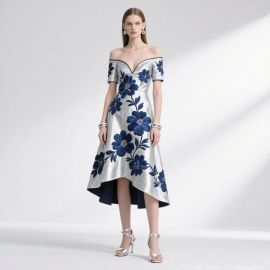 Chic Off - Shoulder Short Sleeve Dress: Silver Base with Blue Floral Embroidery & High - Low Hem