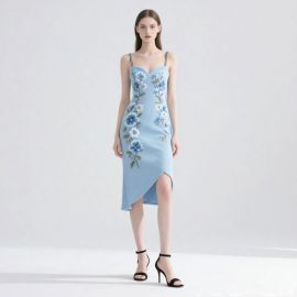 Light Blue Floral Embroidered Asymmetric Midi Dress with Spaghetti Straps