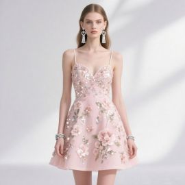 Pink Spaghetti Strap Short Dress with Sequined Floral Embroidery - Elegant Cocktail/Prom Wear