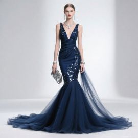 Navy Blue Sequined Mermaid Gown Deep V-Neck Tulle Train Evening Dress