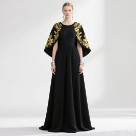 Elegant Black Evening Gown with Gold Embroidered Cape - Formal Dress
