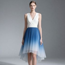 Gradient Blue-White Sleeveless V-Neck Asymmetric Hem Midi Dress