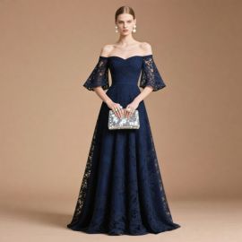 Navy Blue Off - Shoulder Lace Long Evening Dress | Elegant Formal Gown for Special Occasions