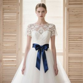 Elegant Lace Short - Sleeve Wedding Dress with Navy Blue Sash & Tulle Skirt